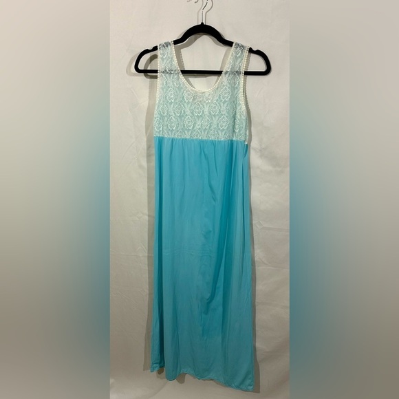 Vintage Aqua Blue Lace Bodice Nightgown Women’s Sleepwear 60s 70s Made in USA M - Picture 5 of 5